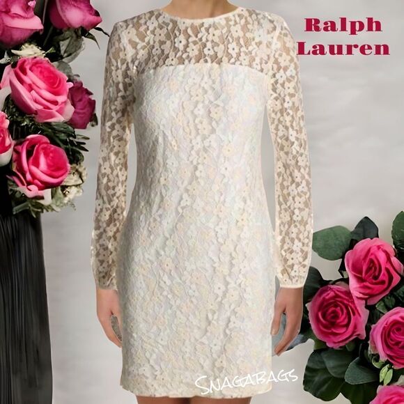 RALPH LAUREN NWT FLORAL LACE DRESS WHITE/ROSE SIZE 14 - Picture 1 of 8